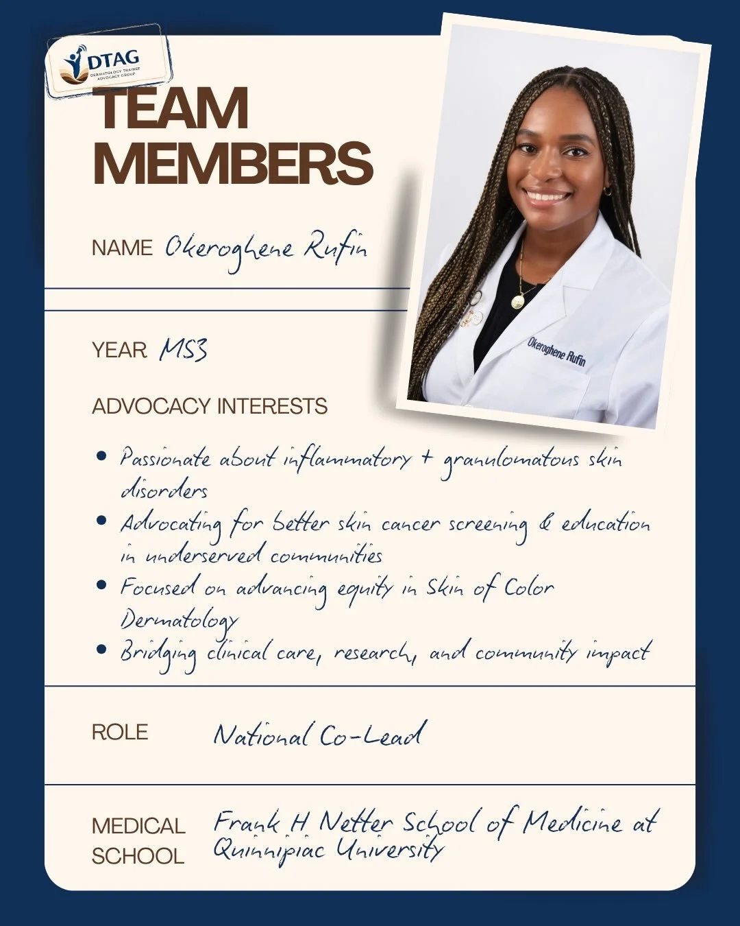 Meet our amazing National Co-Leads, Oke &amp; Maureen! ✨👏

Okeroghene Rufin is an MS3 at Quinnipiac University&rsquo;s Frank H. Netter School of Medicine and a U.S. Army veteran. She is interested in inflammatory and granulomatous skin disorders, ad