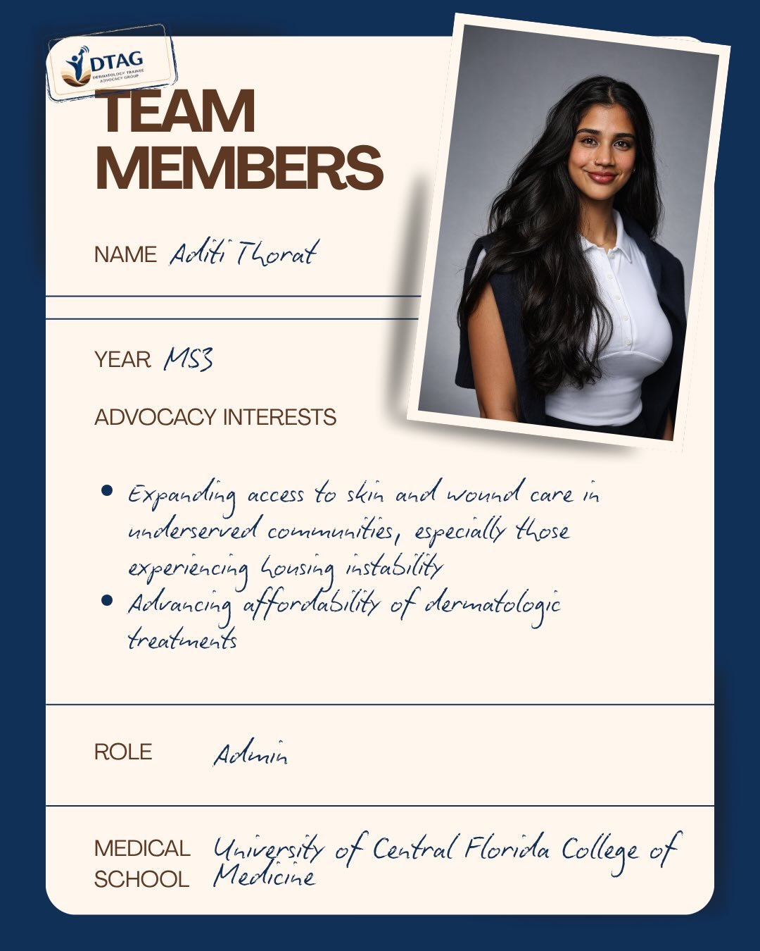 Meet our amazing admin team! 👏📧

Aditi Thorat is an MS3 at University of Central Florida College of Medicine. Her derm advocacy interests include expanding access to skin and wound care in underserved communities, especially those experiencing hous