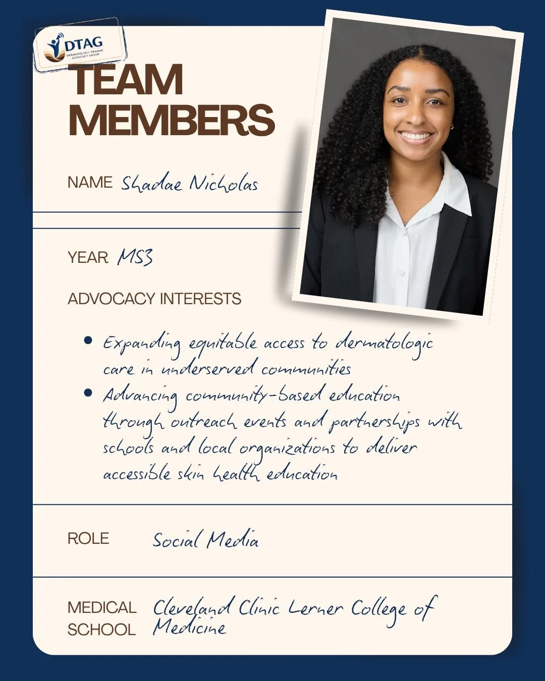 Meet the team behind our socials 📱✨

Shadae Nicholas is an MS3 at the Cleveland Clinic Lerner College of Medicine, passionate about expanding equitable access to dermatologic care in underserved communities and advancing skin health education throug