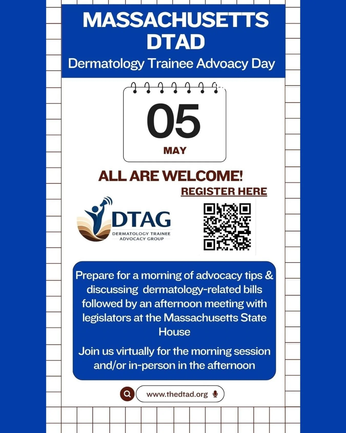 Join the Massachusetts DTAG for an upcoming event focused on advocacy, education, and advancing equitable dermatologic care.
Connect with trainees, learn from leaders, and be part of helping to shape the future of dermatology.

📍 Massachusetts
🗓️ M