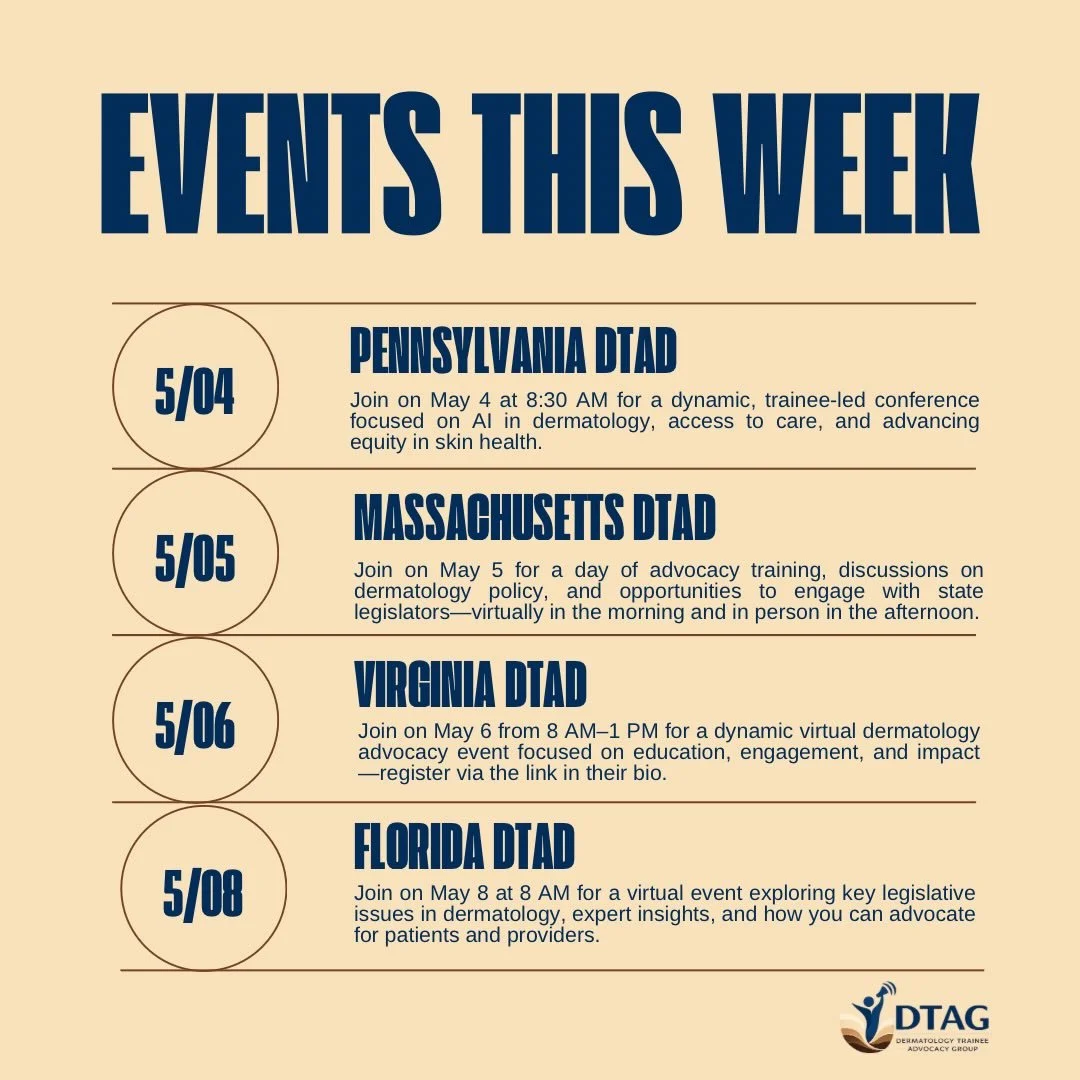 Join us for Dermatology Trainee Advocacy Days happening around the country&mdash;bringing together students, residents, and physicians to learn, connect, and advocate for the future of dermatology.

🗓 May 4 &mdash; Pennsylvania DTAD (8:30 AM)
🗓 May