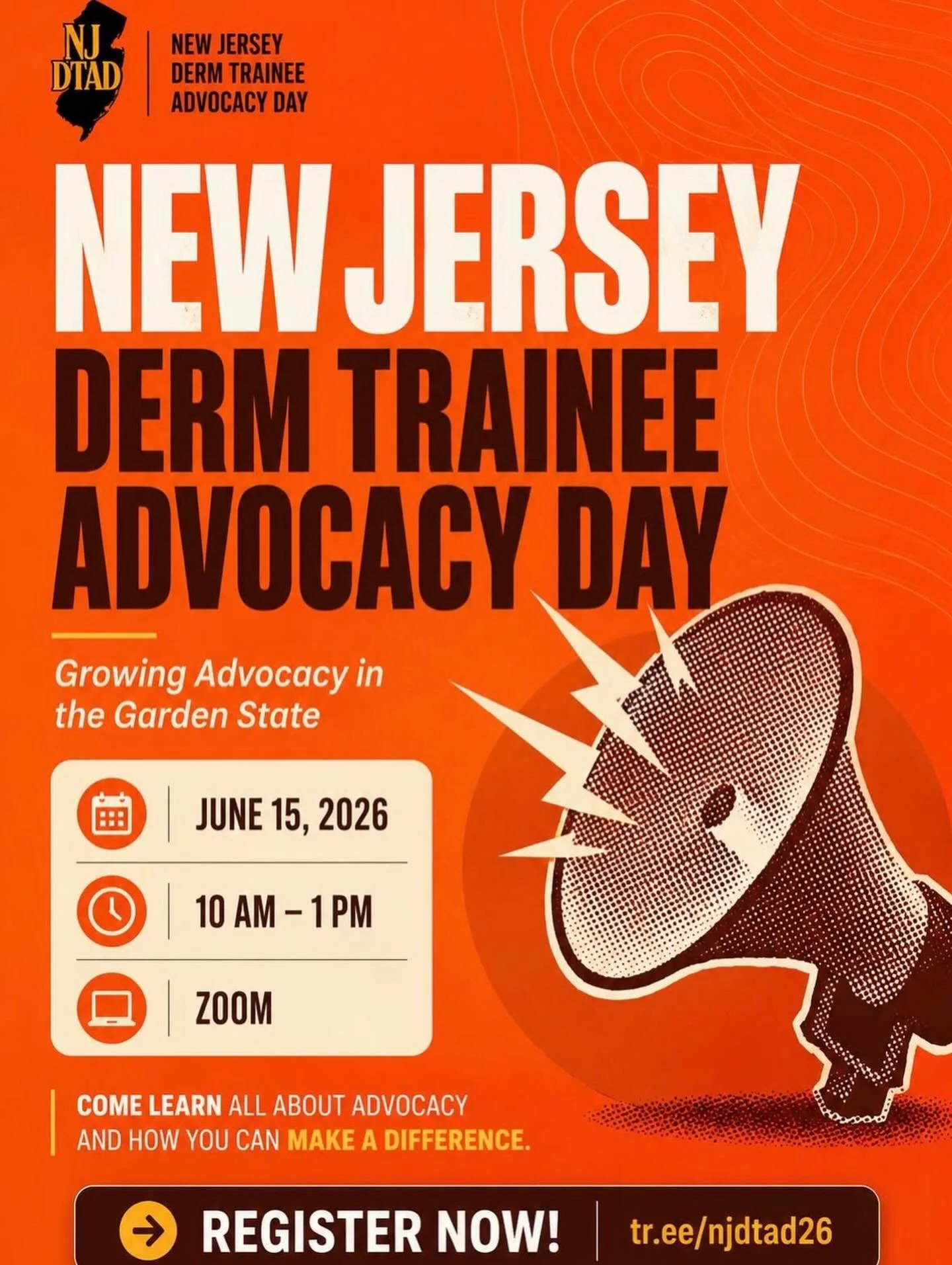 Big things are happening in New Jersey. 🧡

The first-ever New Jersey Derm Trainee Advocacy Day is here! Register through the link in their bio!

#DTAG #NJDTAD