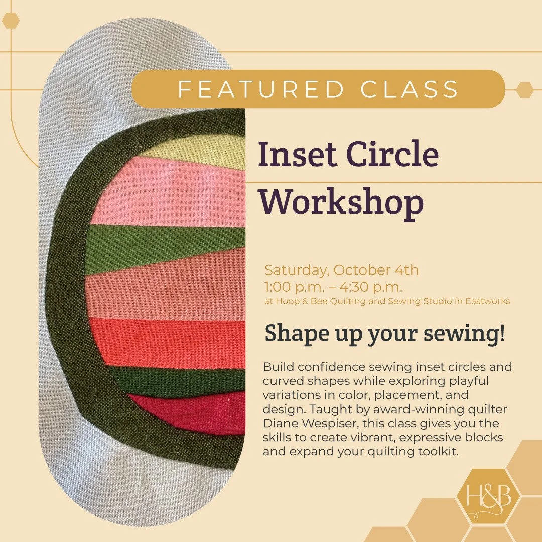 Nervous about trying your hand at inset circles? Level up your quilting game and expand your skills with @northamptonmqg's own award-winning quilter Diane Wespiser in this new inset circles and shape play workshop. 

No materials required, we'll give