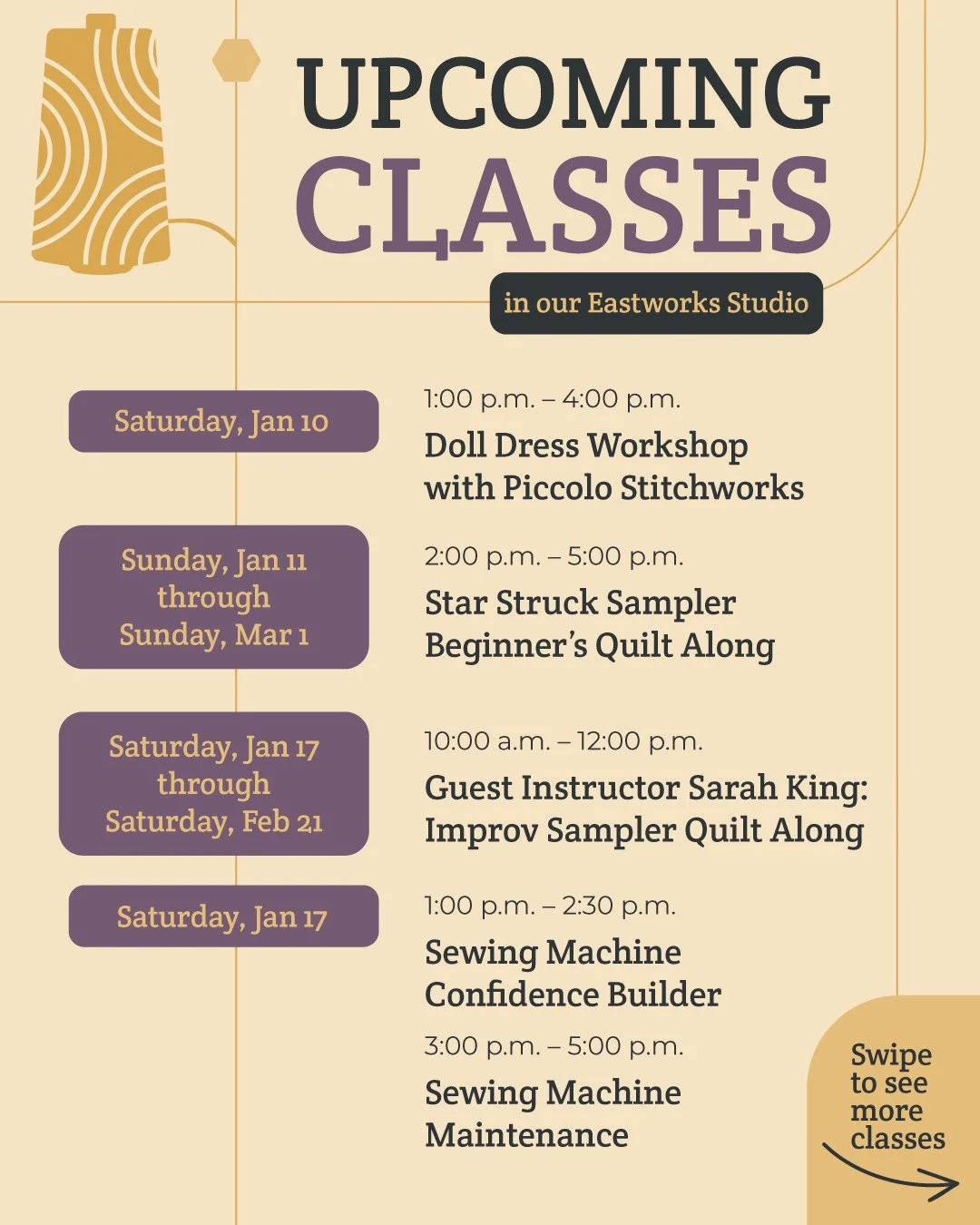 New year, new classes! 

With old favorites and new faces, this next semester will have beginner friendly workshops, skill building series, and even more wardrobe builders. 

Explore the full lineup and sign up at hoopandbee.com - and if you want fir