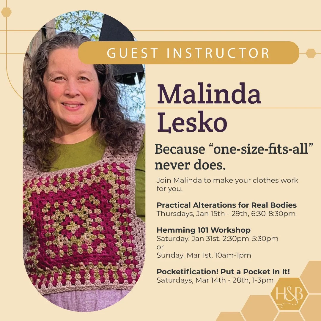 That sweater you love but never wear?
Those pants that are almost perfect?
All the dresses that NEED pockets?

Join Malinda and start your 2026 with a brand new wardrobe - no new garments required! 

Malinda&rsquo;s alteration classes are all about m
