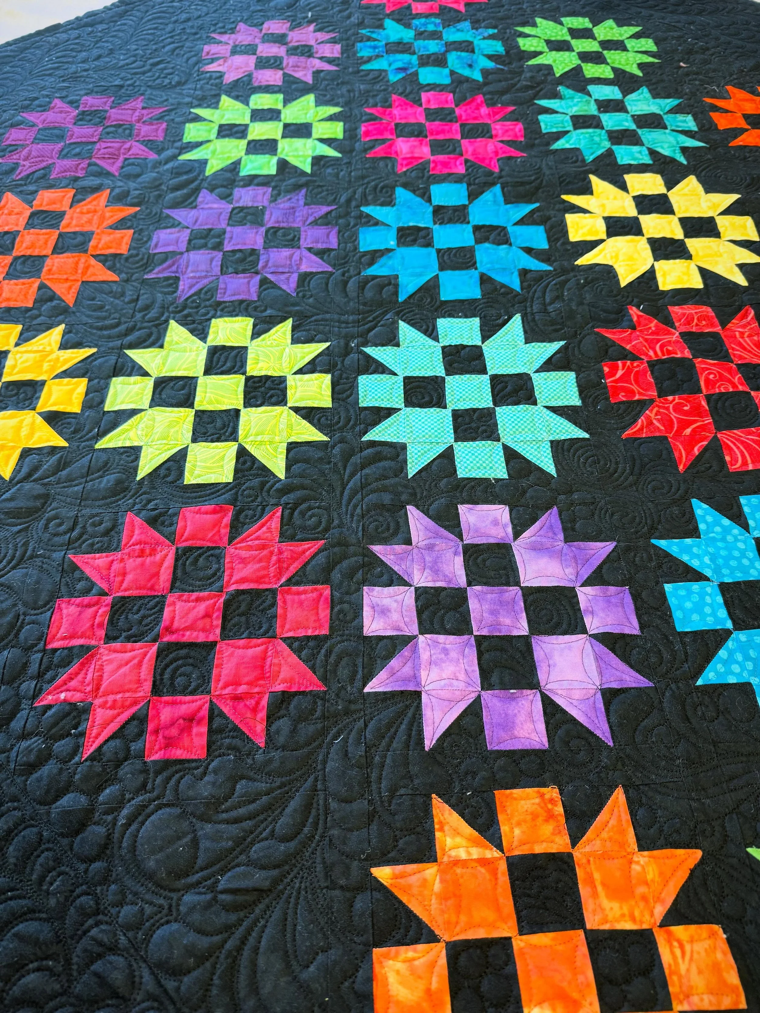 Still mastering how to photograph black thread on black fabric, but so much fun to do! 

Any members of @handsacrossthevalleyquiltguild recognize their blocks from this &ldquo;vintage&rdquo; round robin?