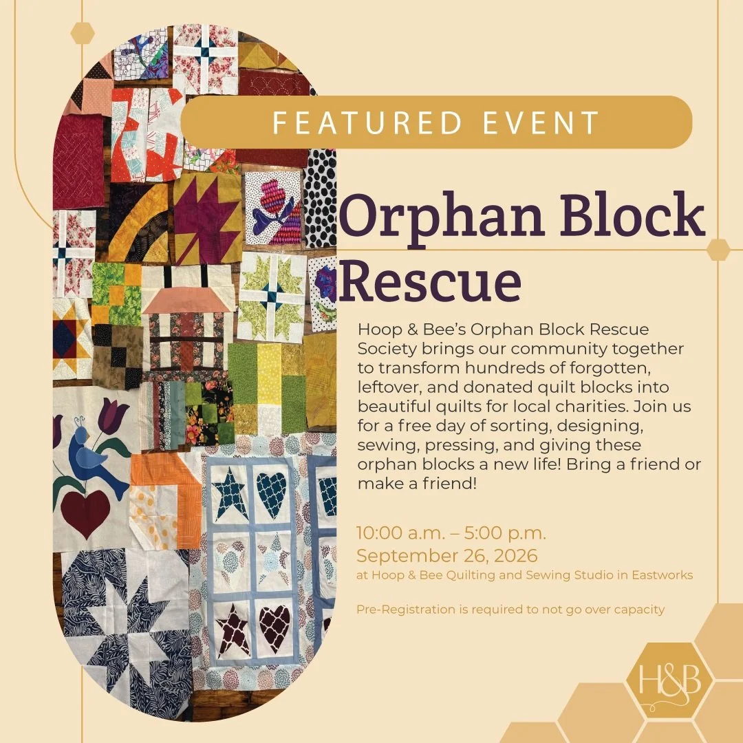 Come join us on Saturday, Sept 26th, for a free community event! Get out of the house, meet some new folks, and help give these poor abandoned quilt blocks a second chance in quilts to be distributed to local charities! 

All materials &amp; tools ar