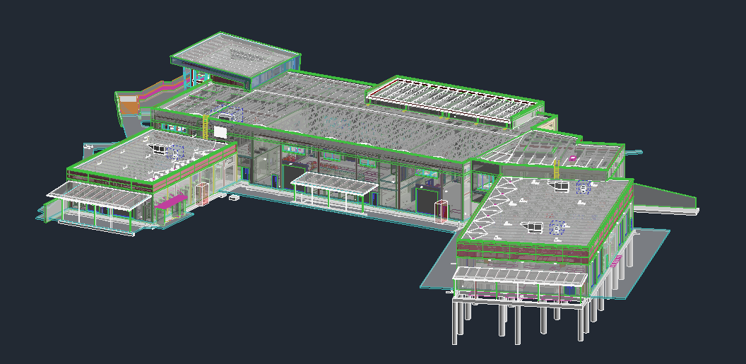 3D architectural blueprint of a large building with multiple sections, flat roofs, and exterior details.