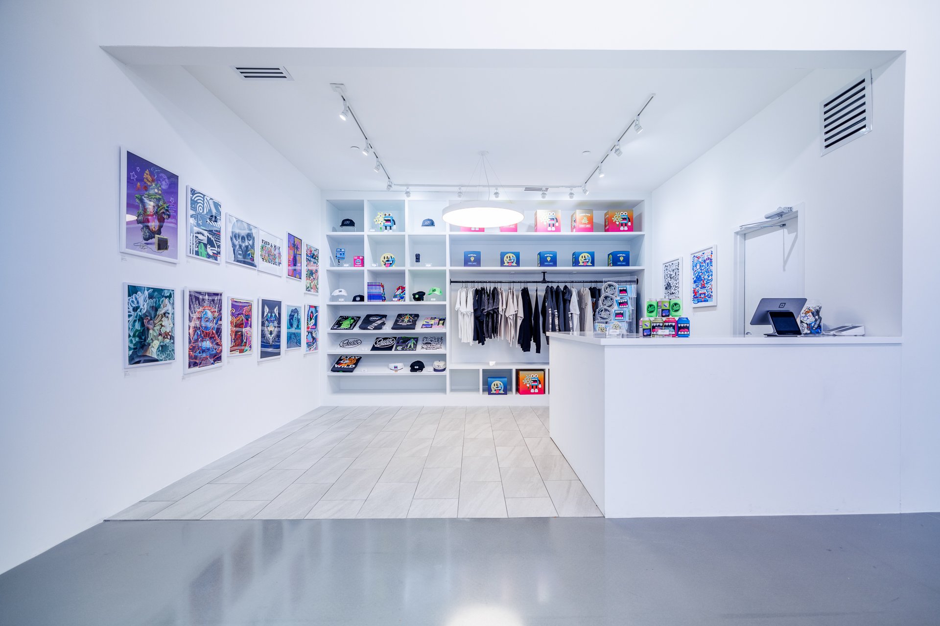 Contemporary art-filled interior at ABV Gallery, a creative event venue in East Atlanta Village.