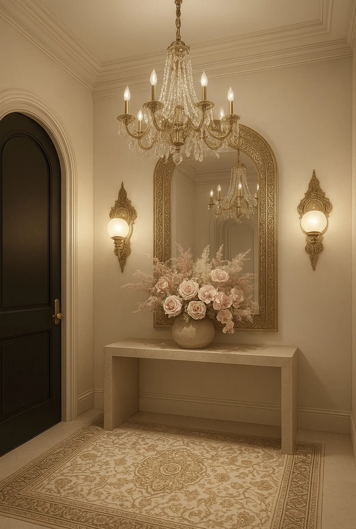 November 2024 - Farah's Entryway - Interior Styling & Decor (Selected furniture, color schemes, and floral arrangement)