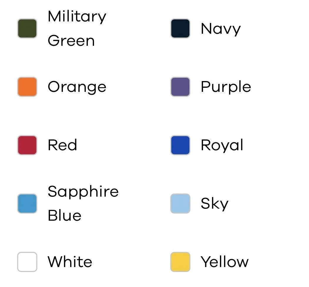 Color chart with labels for military green, navy, orange, purple, red, royal blue, sapphire blue, sky, white, and yellow.