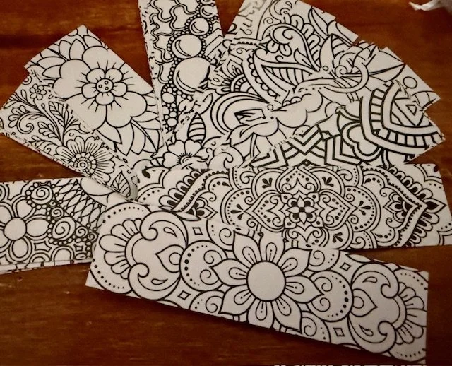 Collection of black and white intricate mandala and floral colouring bookmarks. Mental Health