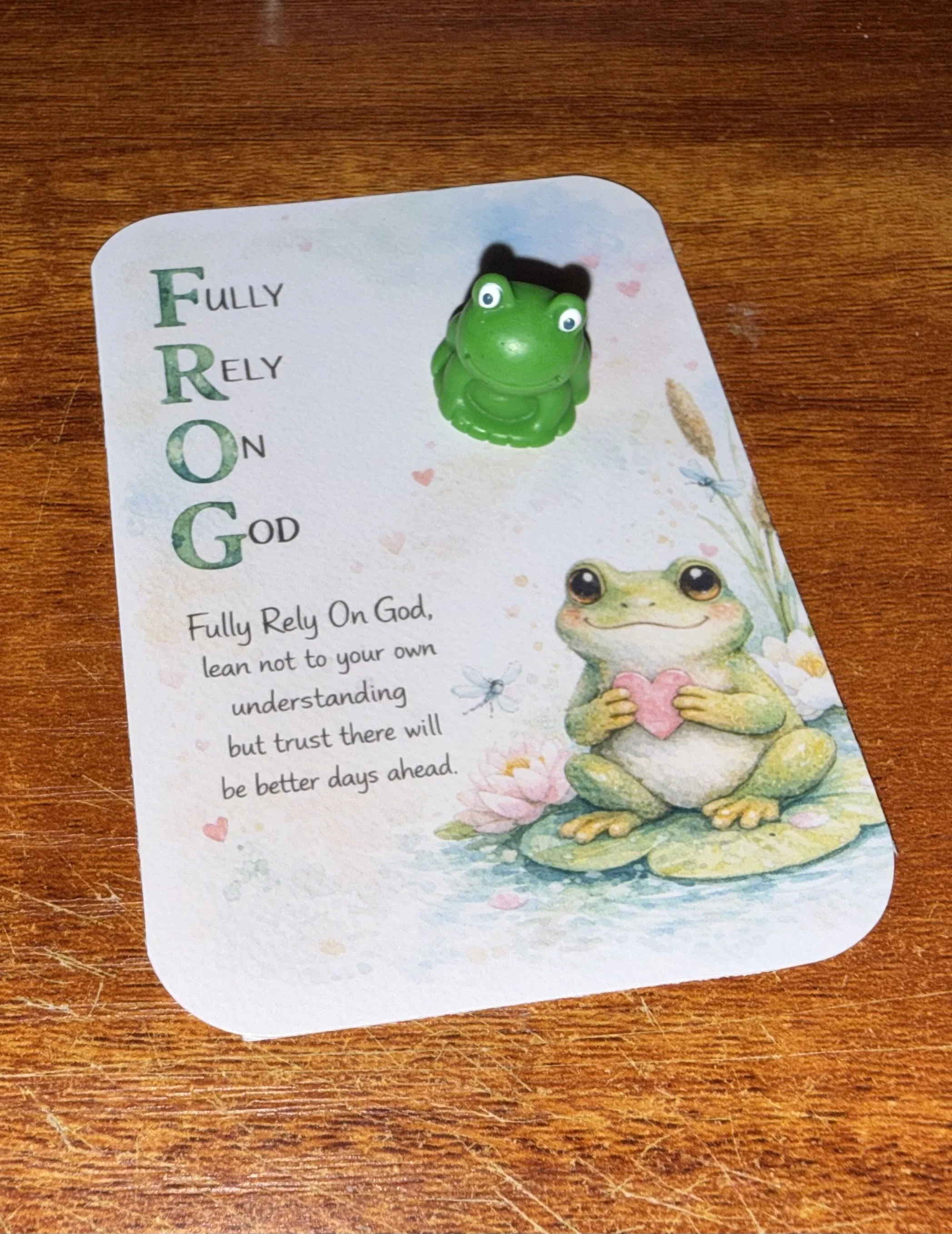 A pocket hug text 'FROG' vertically aligned, with each letter beginning a word: 'Fully Rely On God.' The card features a drawing of a frog holding a pink heart, surrounded by small hearts, mental health pocket hug