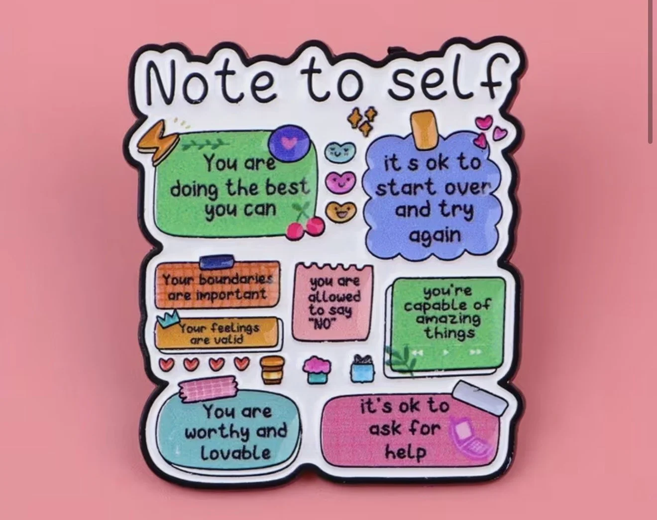 Colourful illustrated note to self with positive messages and tips for self-care, mental health (Anchored thoughts)