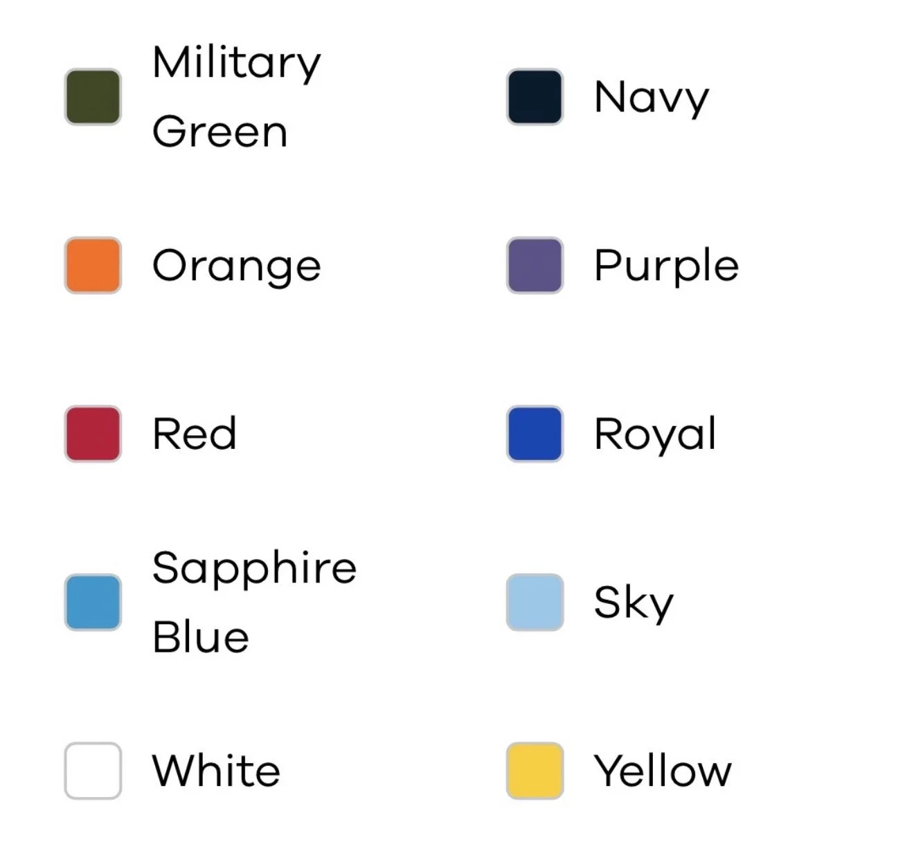 Color guide featuring color patches with labels: military green, navy, orange, purple, red, royal, sapphire blue, sky, white, and yellow.