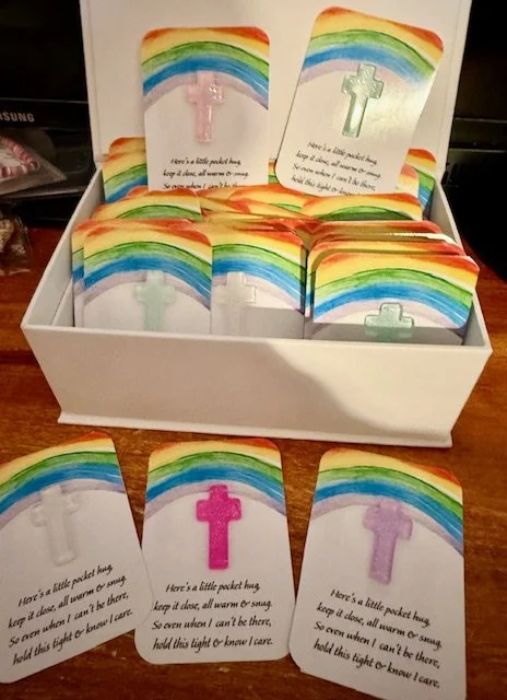 Colourful rainbow-themed prayer cards with a cross illustration, crosses, with a biblical quote or prayer message. Mental health