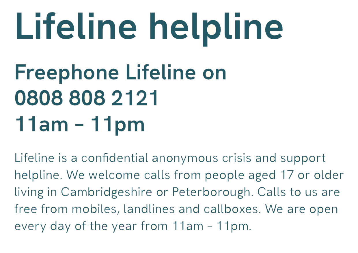 Signs with information for a lifeline helpline including phone number and hours of operation, with a paragraph of text about the helpline's purpose and availability.