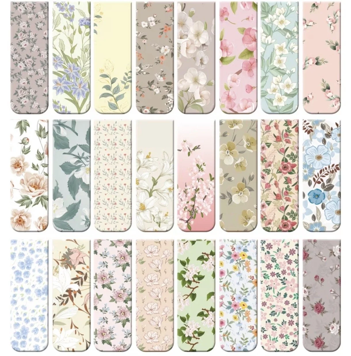 A collection of floral patterned bookmarks in various pastel and neutral colors, featuring different types of flowers and botanical designs. mental health 