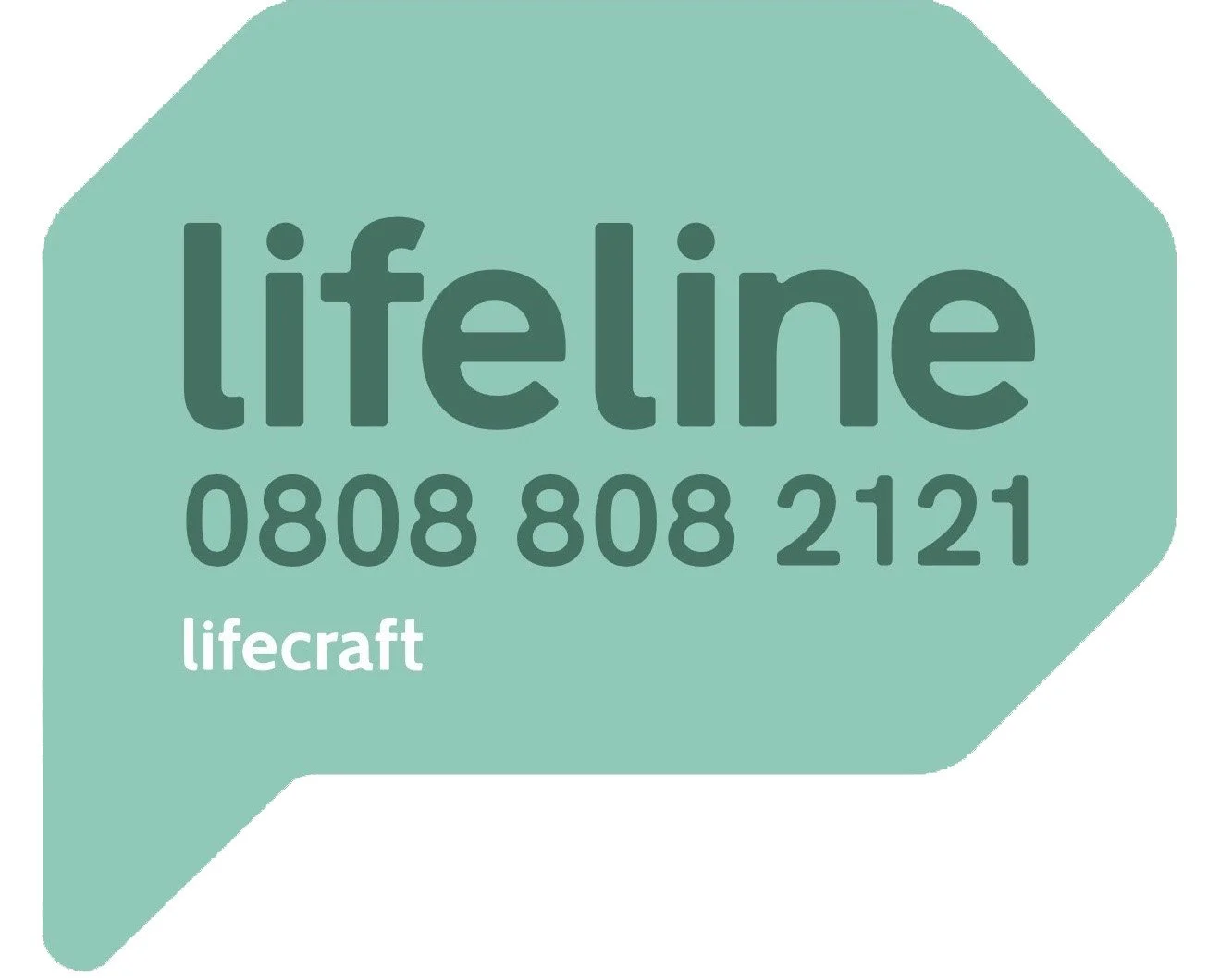 A teal speech bubble with the words 'lifeline' and 'lifecycle' along with a phone number 0808 808 2121, and a small white logo that says 'lifecraft' at the bottom left.