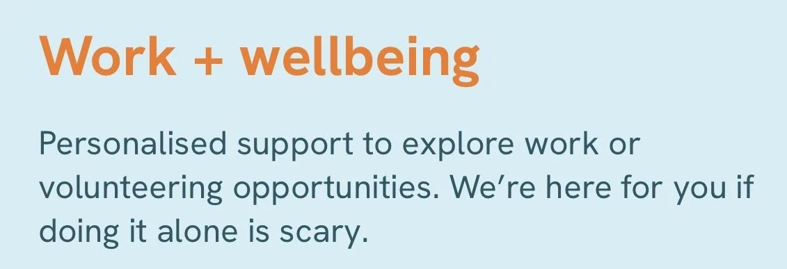 Text on light blue background that reads 'Work + wellbeing' in orange and teal, with additional teal text about personalized support for exploring work or volunteering opportunities.