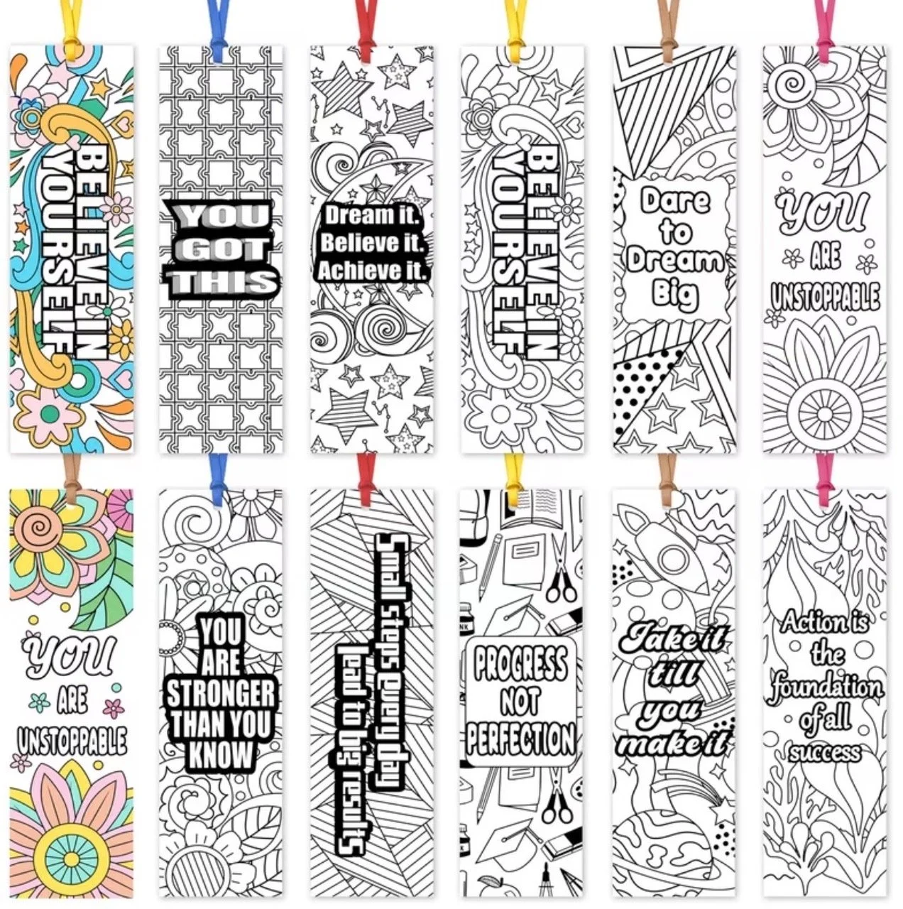 Colouring bookmarks with inspirational quotes related to motivation, dreams, and success, each featuring decorative patterns.