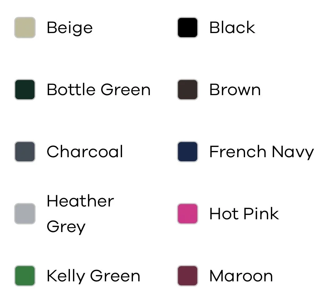 A color chart with labels for various colors including beige, black, bottle green, brown, charcoal, French navy, heather grey, hot pink, Kelly green, and maroon.