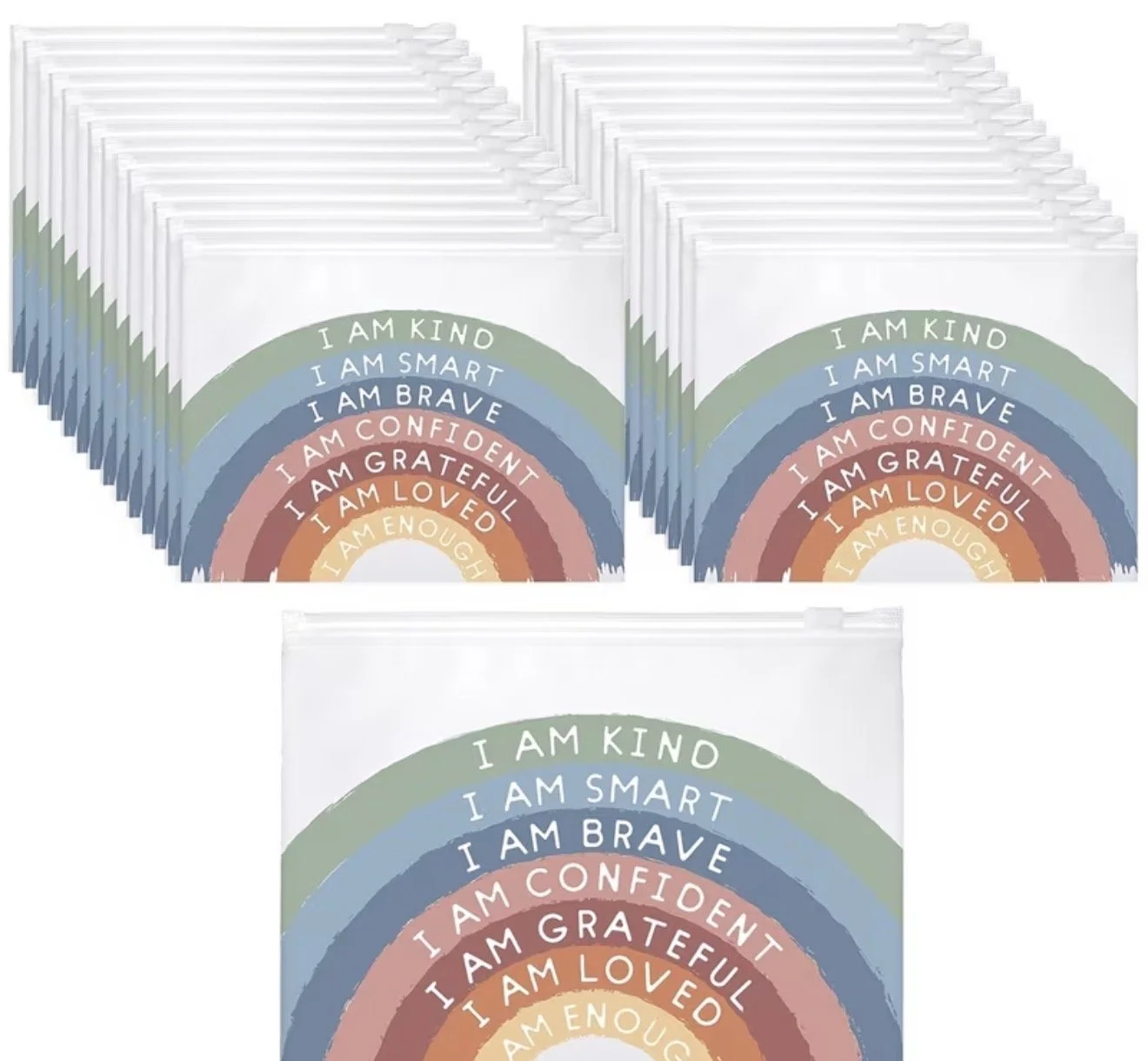 Set of motivational rainbow-themed stickers with affirmations: 'I am kind,' 'I am smart,' 'I am brave,' 'I am confident,' 'I am grateful,' 'I am loved,' 'I am enough'.