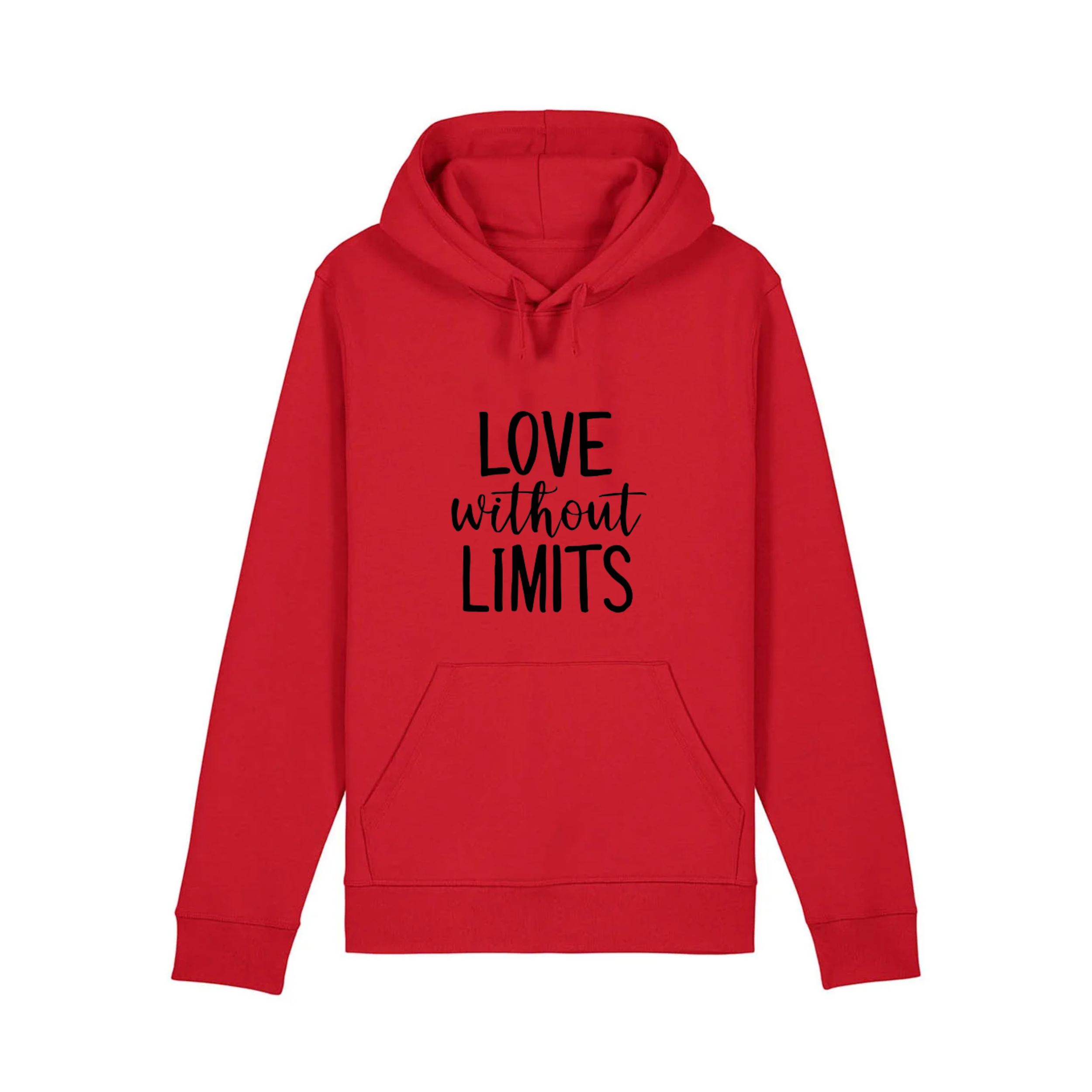 Red hoodie sweatshirt with black text that reads 'Love me without limits' on the front.