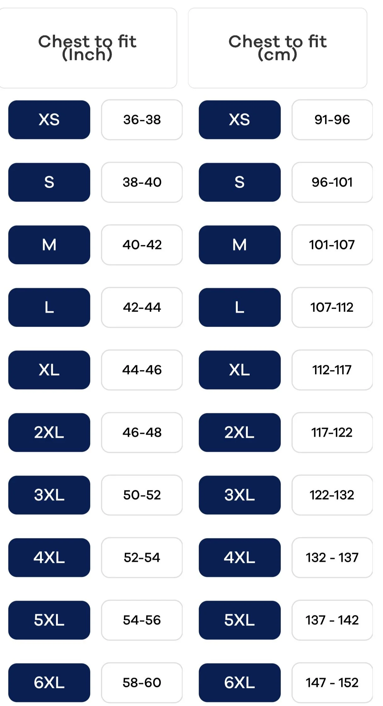 Size chart comparing chest measurements in inches and centimeters for various clothing sizes from XS to 6XL.