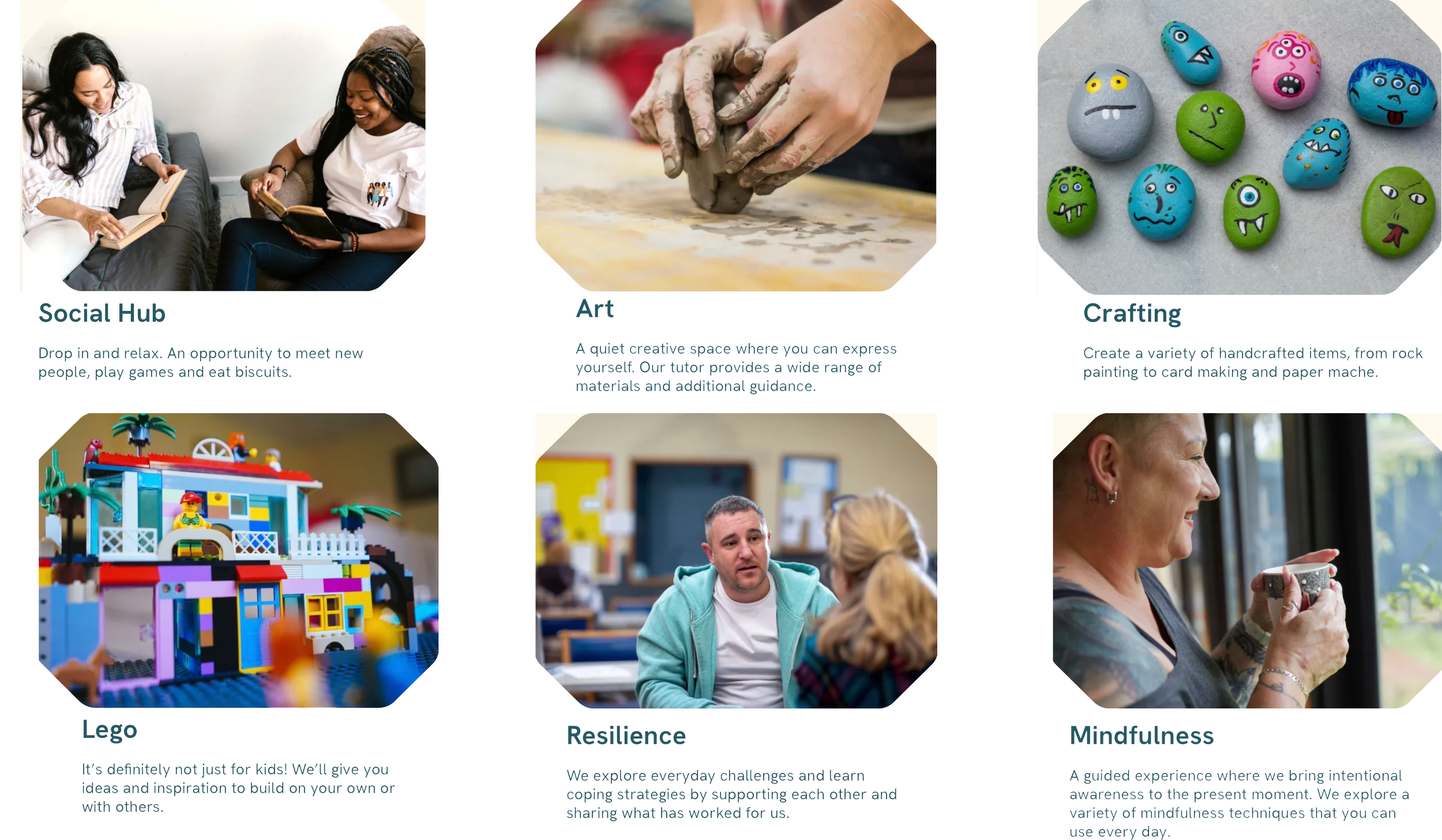 Various scenes of people engaging in creative and relaxing activities, including two women reading together, hands shaping clay, a colorful LEGO house, a group discussion, a woman smiling and holding a mug, and painted rocks with cartoon faces.