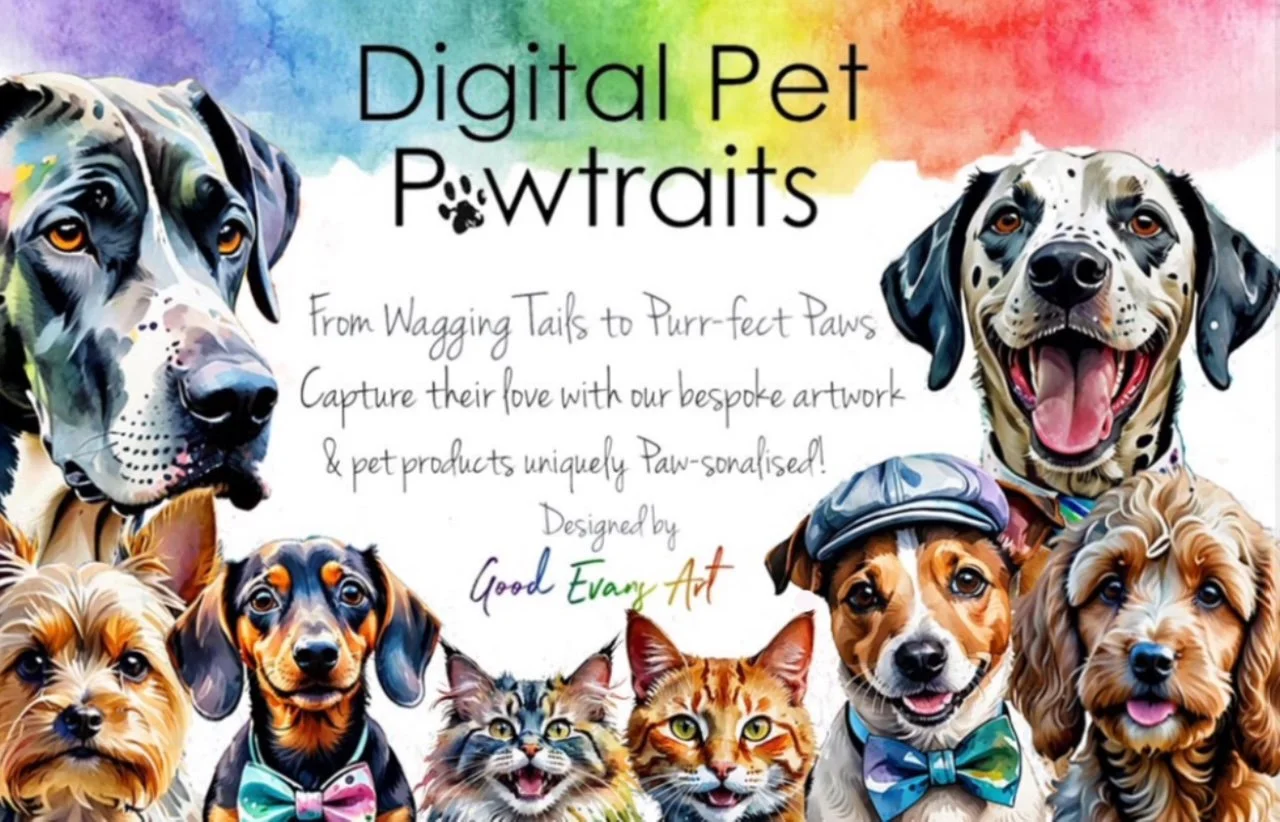 Colorful watercolor illustration featuring various dogs and cats, promoting personalized pet artwork and products with text about capturing pets' love, designed by Good Evany Art.