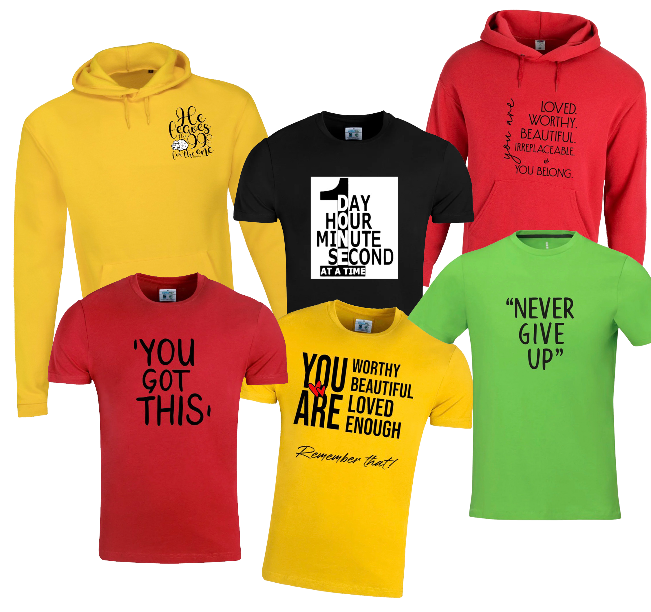 A group of colorful T-shirts with inspirational and motivational quotes printed on them. The tops include yellow, red, black, and green shirts, each showcasing different messages.