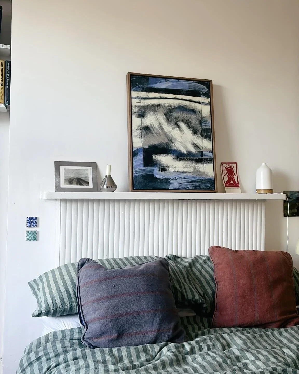 Styled by You: Original painting, 'Tides of Night' now arrived in London. Styled with cool green, blue and red pops of colour.