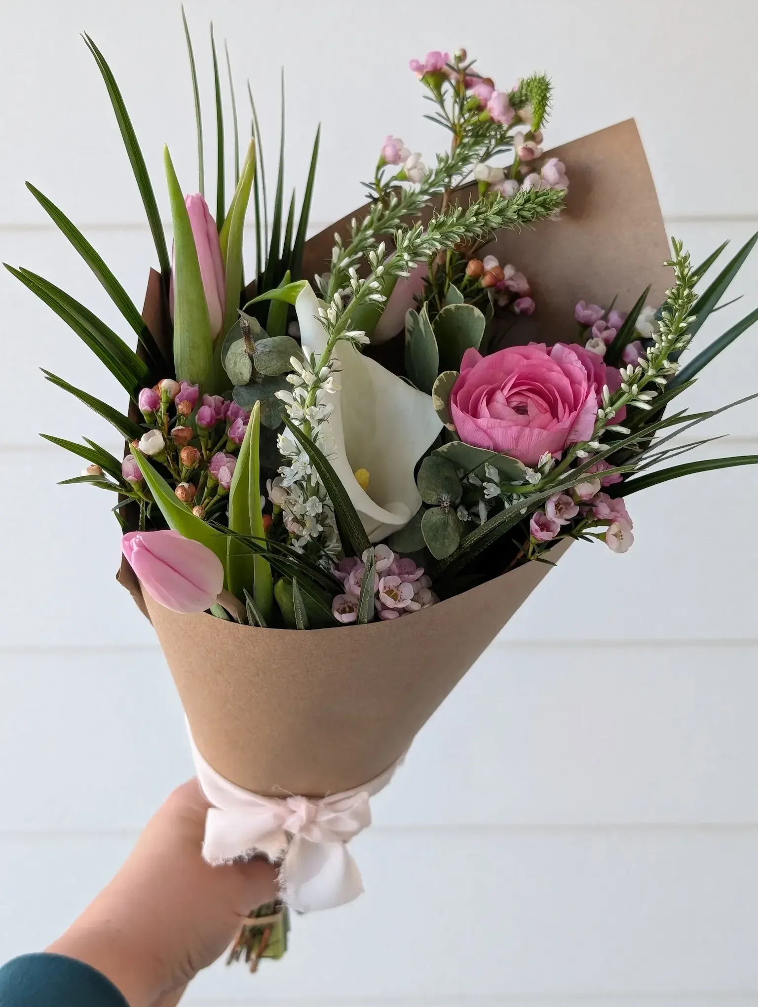 Hand-wrapped farm-fresh peony bouquet with seasonal spring flowers, The Garden Gathered from Breemar Flower Farm in Ashland, Virginia