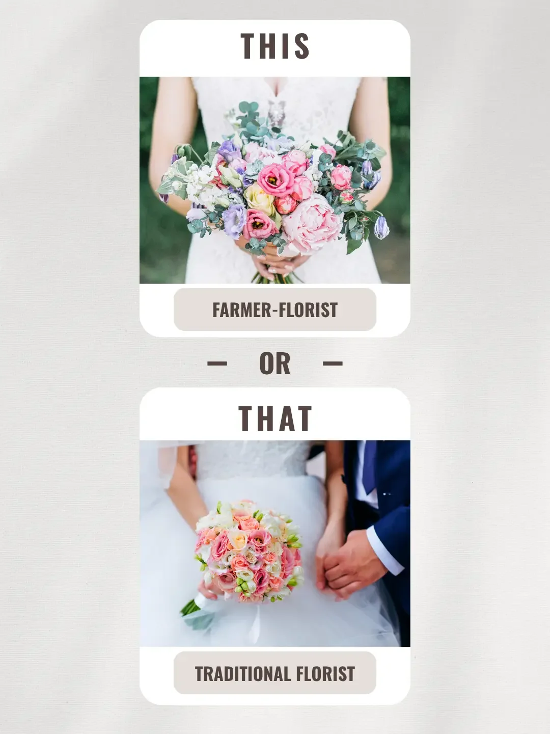 Comparison graphic showing traditional florist flowers versus sustainable farmer-florist arrangements by Breemar Flower Farm in Richmond, VA.