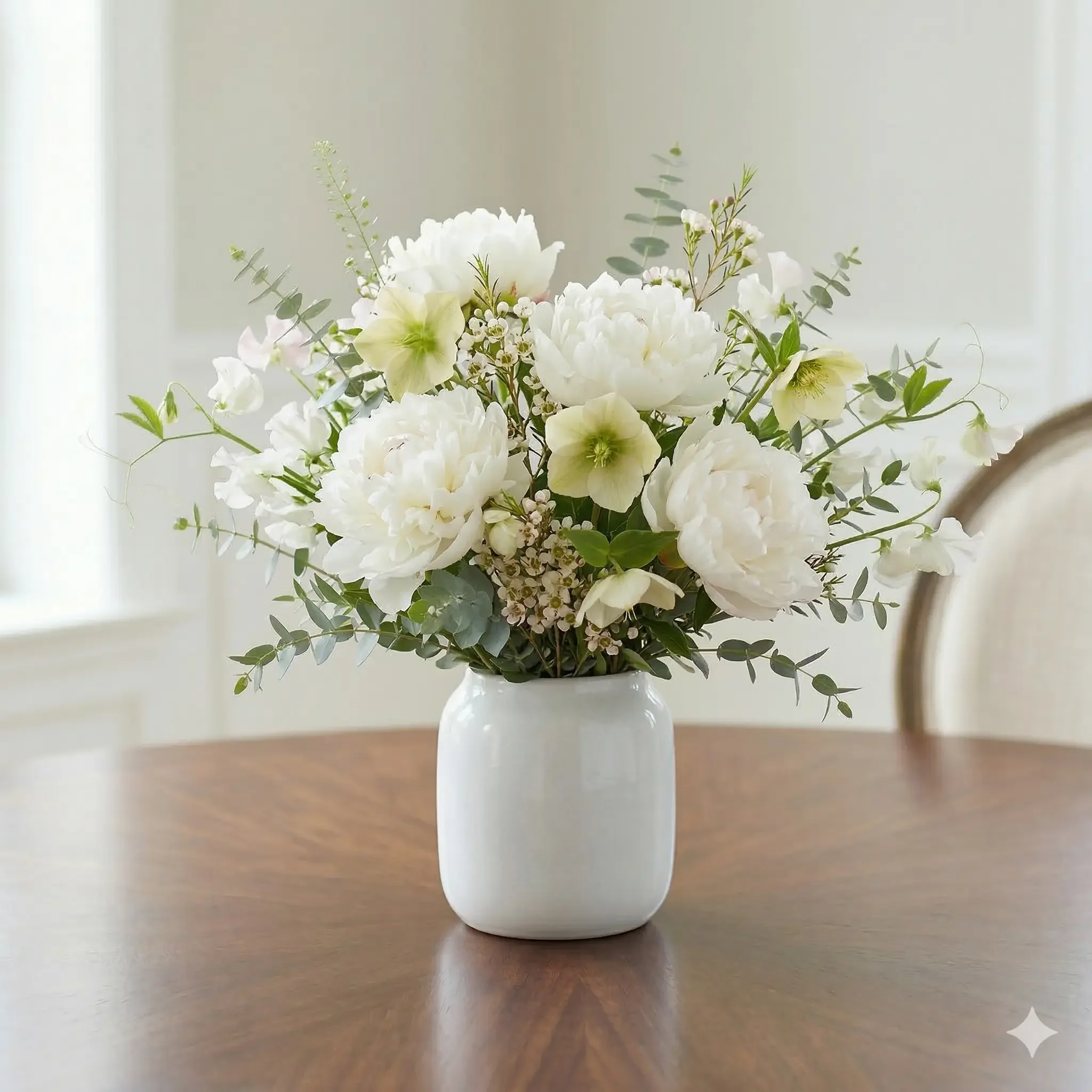 Breemar Flower Farm white sympathy arrangement with peonies and hellebores in a white ceramic vase, Ashland VA.