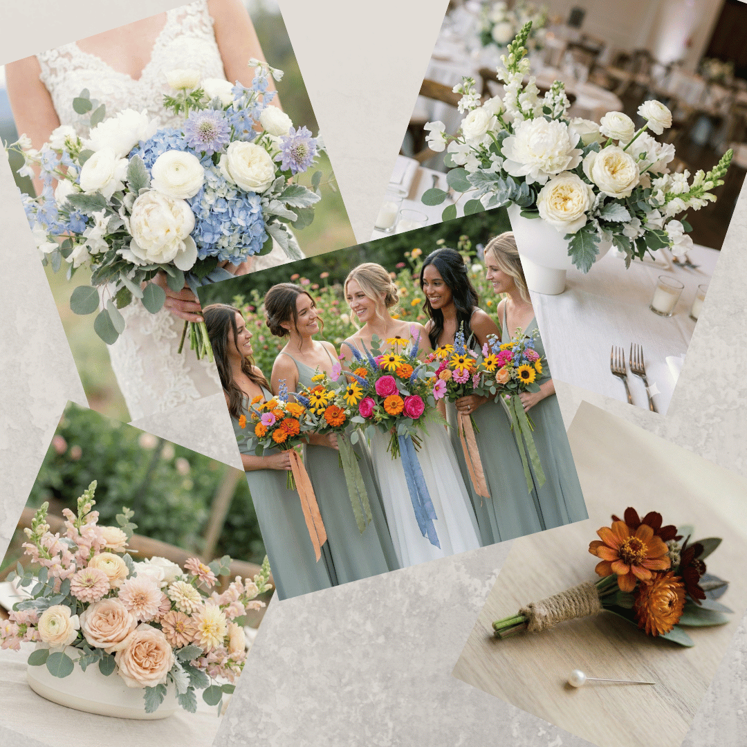 A collage of a la carte wedding flower options from Breemar Flower Farm in Ashland, VA, featuring a variety of professional designs.