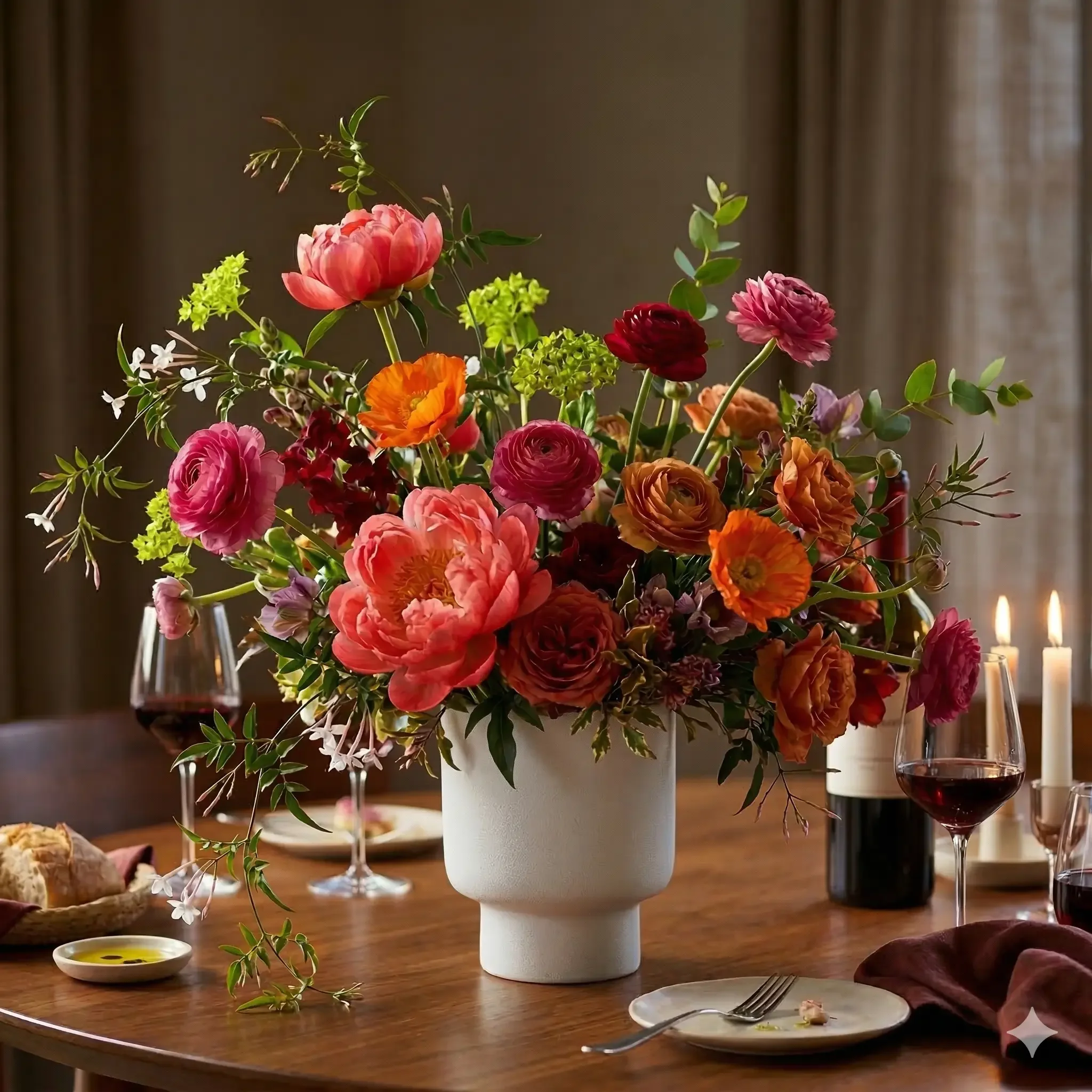 Breemar Flower Farm anniversary arrangement with coral peonies and orange poppies in a white ceramic vase, Ashland VA.
