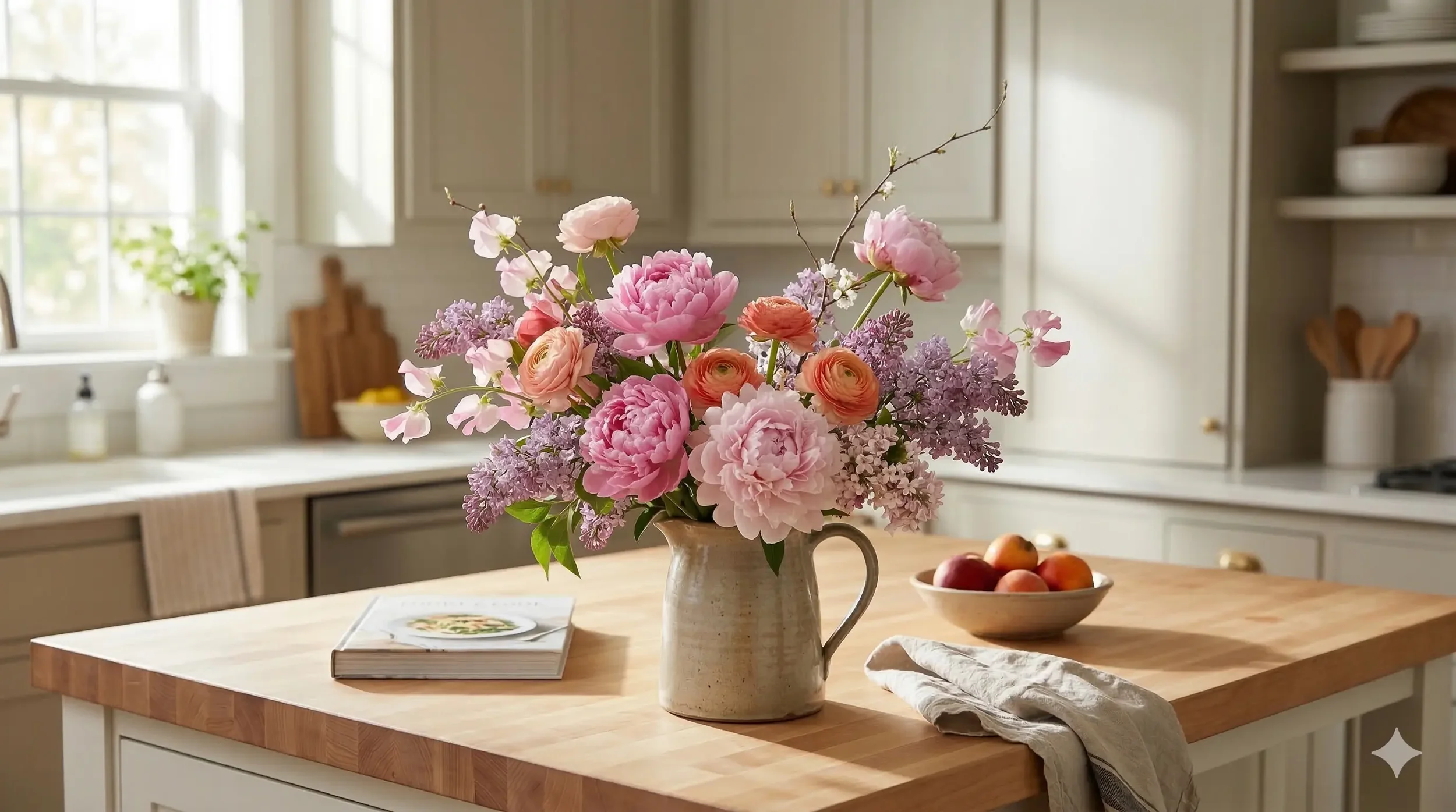 Sunlit kitchen featuring a seasonal floral arrangement in a ceramic pitcher, created by Ashland-based florist Breemar Flower Farm.