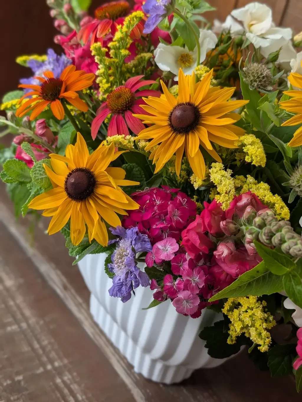 Premium early summer local flower arrangement featuring fresh-cut rudbeckia, sweet william, echinacea, and garden roses from Breemar Flower Farm in Ashland, VA, serving the Richmond area.