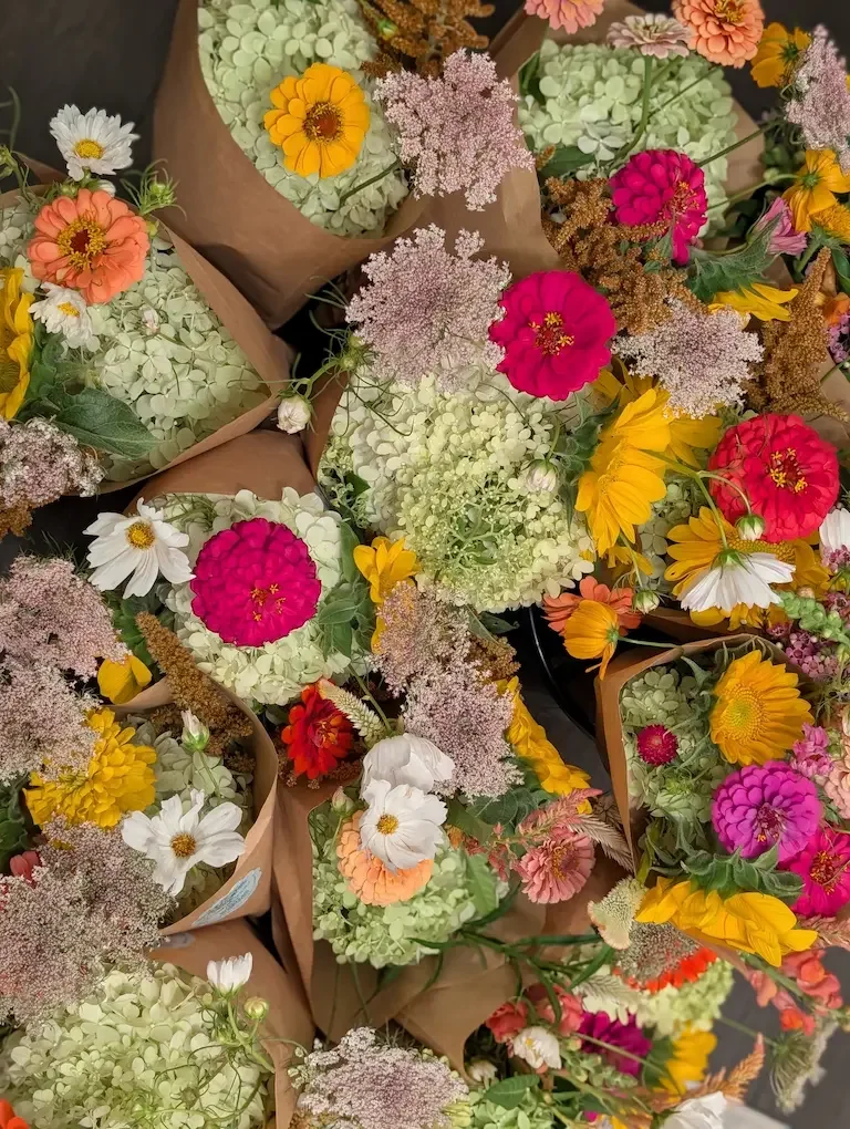 A cheerful summer arrangement with yellow zinnias, pink dahlias, and warm-toned cut flowers, representing the abundance of the summer flower CSA in Ashland.