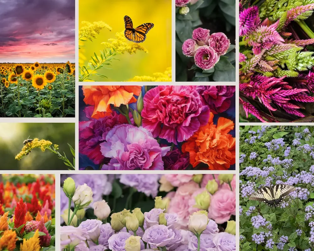 Collage of heat-tolerant summer wedding flowers including sunflowers, carnations, lisianthus, celosia, ageratum, and goldenrod grown by Breemar Flower Farm in Ashland, VA.