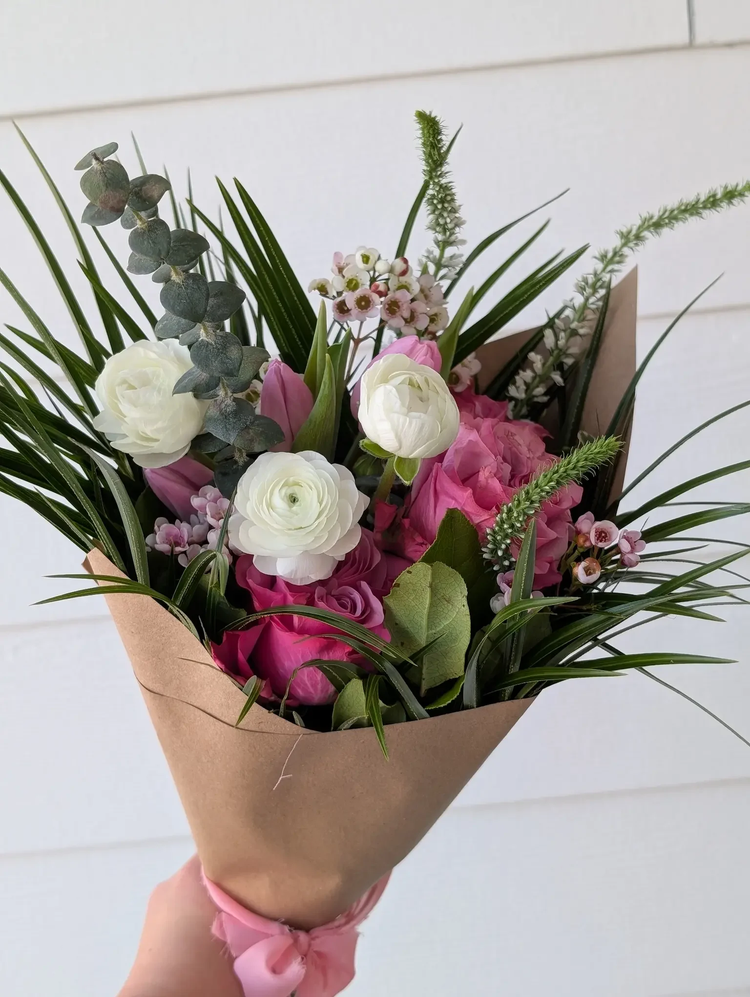 Generous farm-fresh wrapped peony bouquet for Mother's Day from Breemar Flower Farm, Ashland Virginia, featuring seasonal spring blooms