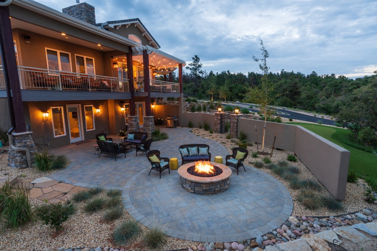 Patio with fire pit in Briargate, CO