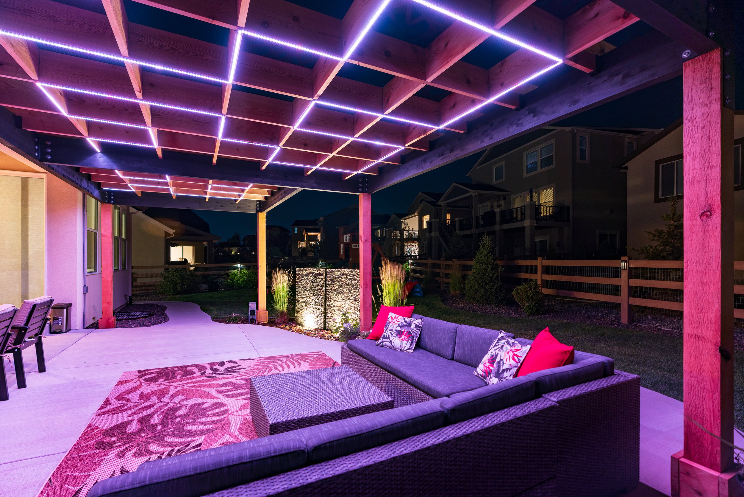 Modern patio with outdoor lighting in Northgate, CO