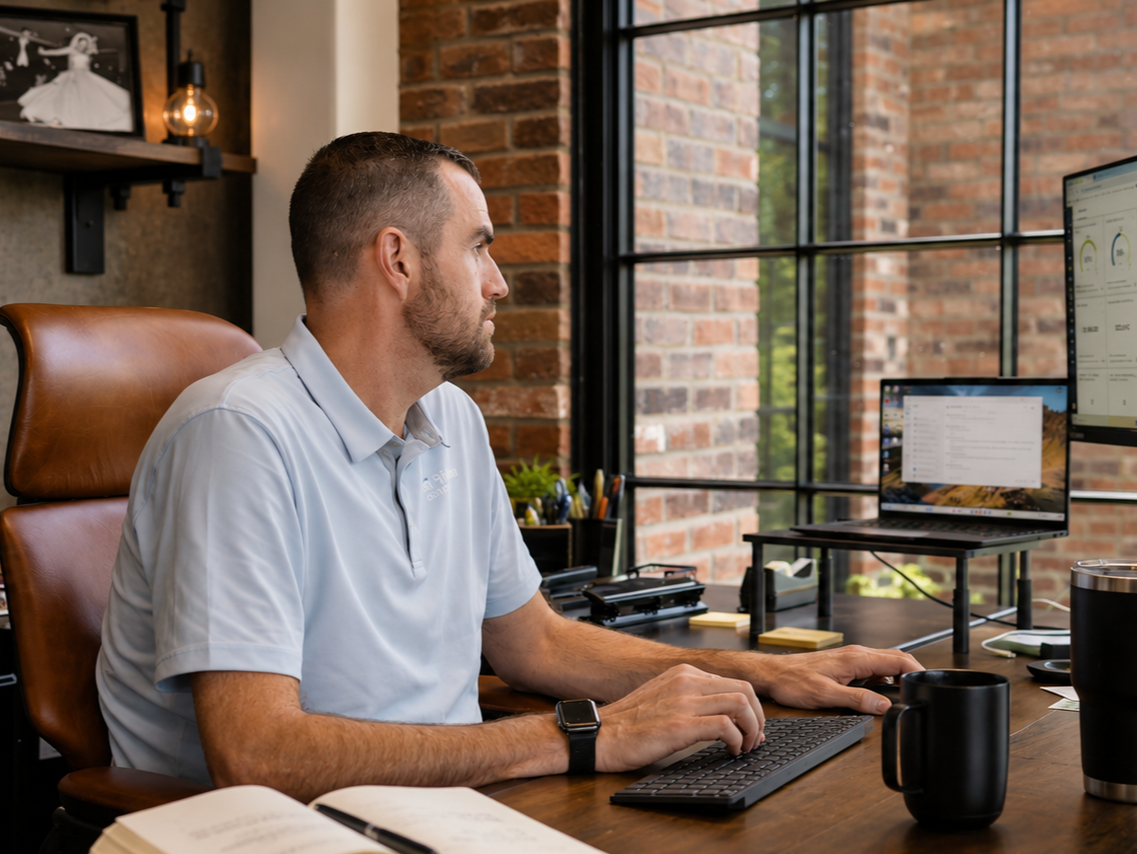 Business owner discussing growth strategy for a landscape company in a modern office