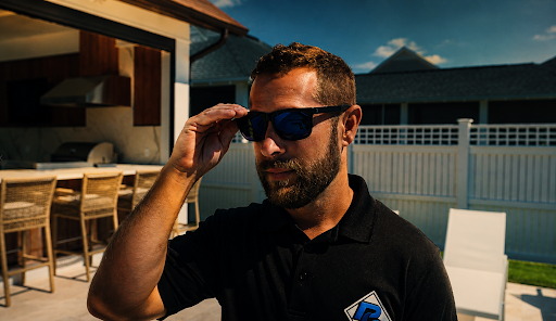 Landscape contractor wearing sunglasses beside an outdoor living space during a marketing consultation