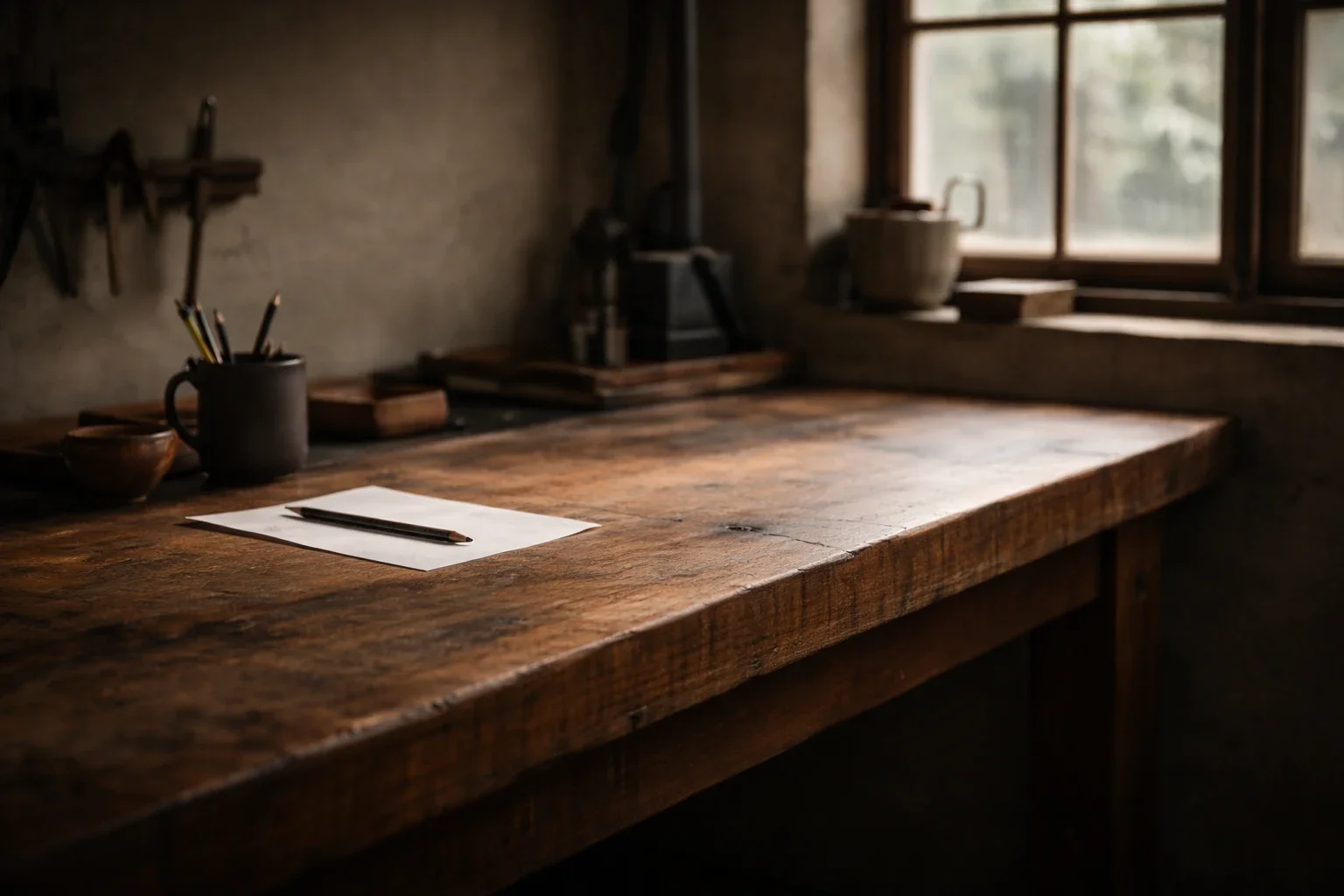 A rustic wooden workspace with a paper and pen, surrounded by tools and kitchenware near a window with natural light.