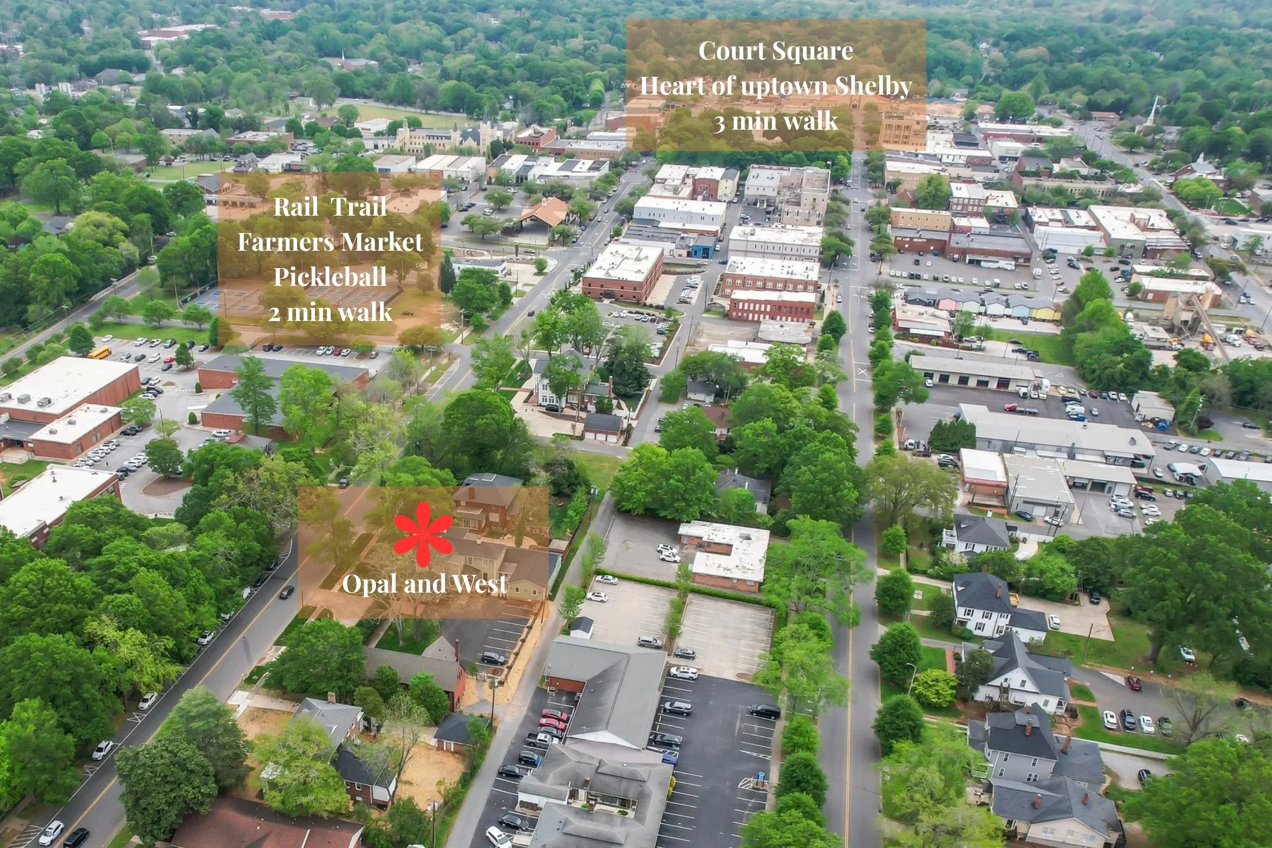 Aerial view of downtown Shelby with labels indicating nearby attractions and walking distances, including Court Square, Farmer's Market, Pickleball, and Opal and West.