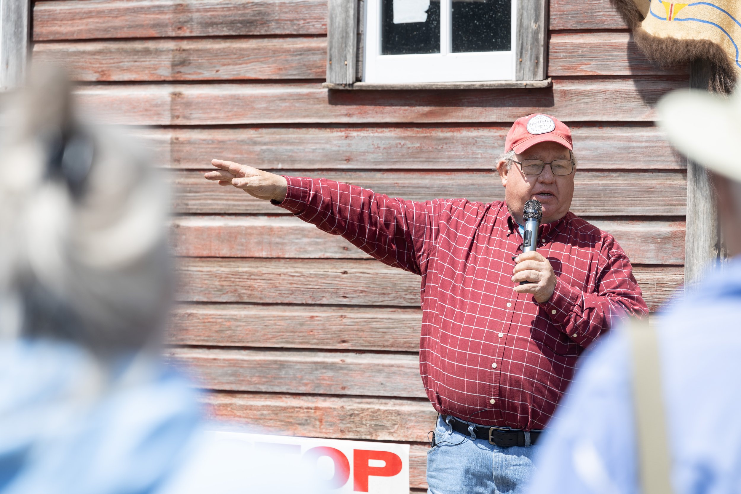 Art Tanderup gives a speech on his farm in Neligh, Nebraska
